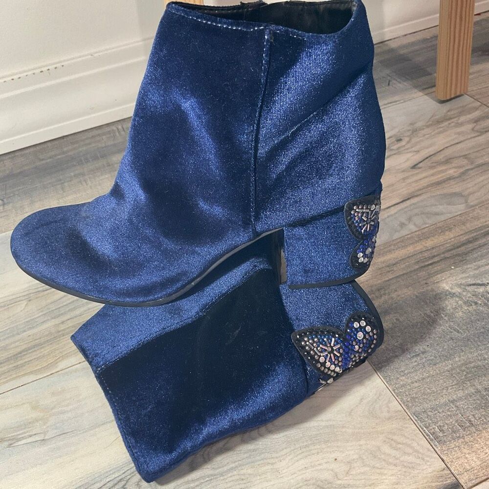 Libby Edelman blue velvet ankle booties with a rhinestone butterfly embellishmen